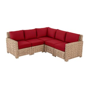 Laguna Point 5-Piece Natural Tan Wicker Outdoor Patio Sectional Sofa with CushionGuard Chili Red Cushions