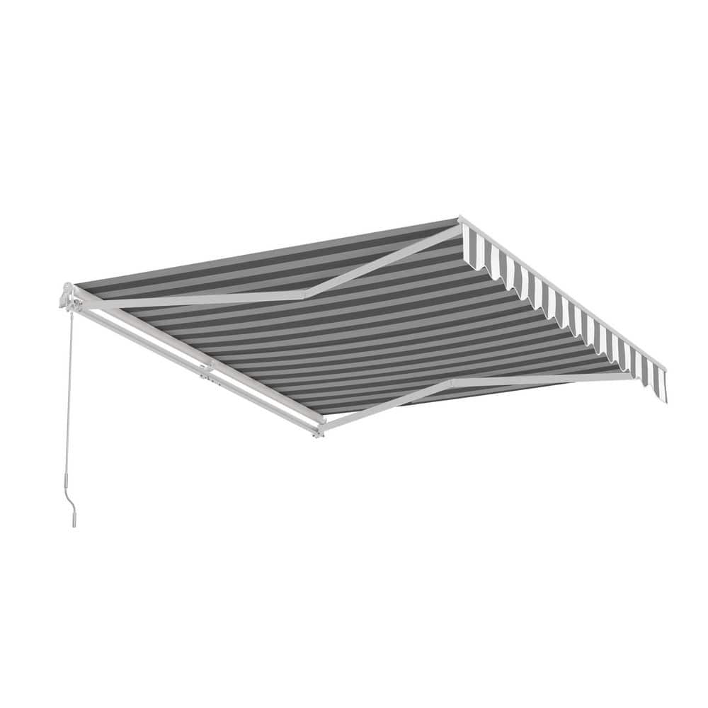 Gray and White Striped Motorized Retractable Patio Awning, 10' x 8'