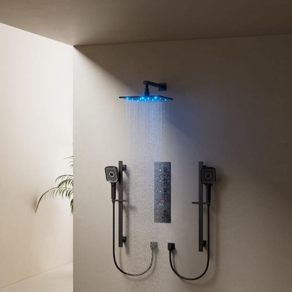 7-Spray Square 12 in. Shower Head and Dual Handheld Equipped with Adjustable Slide Bar in Matte Black