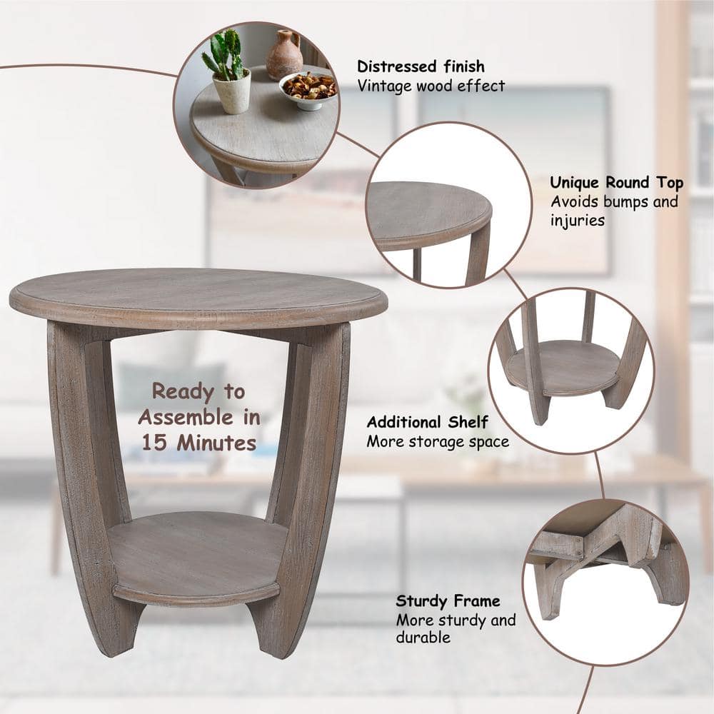 Vintage Grey French Country Round End Table with Storage Shelf