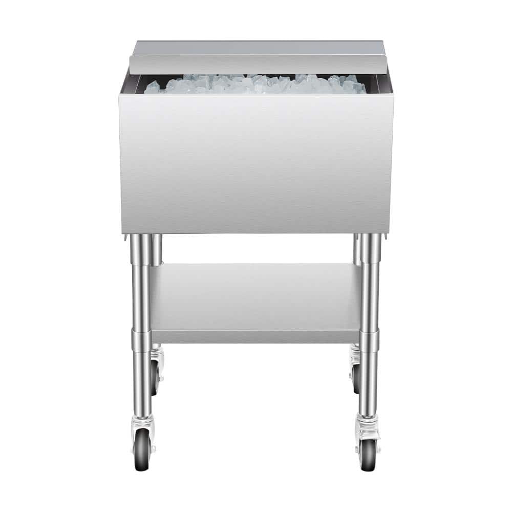 Commercial Ice Bin 61.6 L Rolling Stainless Steel Ice Chest with Sliding Lid Bottom Storage Shelf Bar Cart