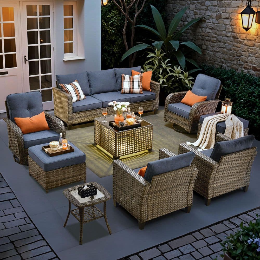 New Vultros Gray 9-Piece Wicker Patio Conversation Set with Denim Blue Cushions and Solar LED Coffee Table price history on PriceWatchPro