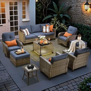 New Vultros Gray 9-Piece Wicker Patio Conversation Set with Denim Blue Cushions and Solar LED Coffee Table
