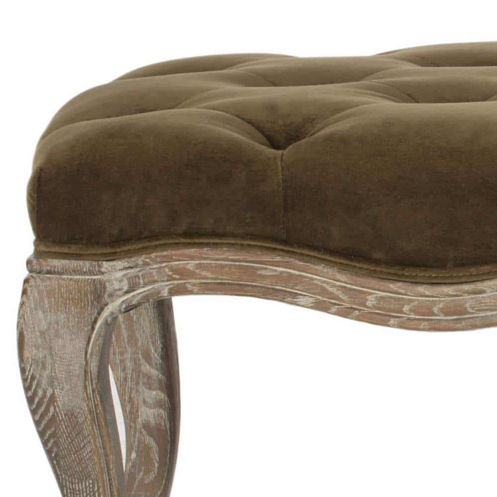 Transitional Spruce Green Velour 52" Ramsey Bench with Carved Oak Frame