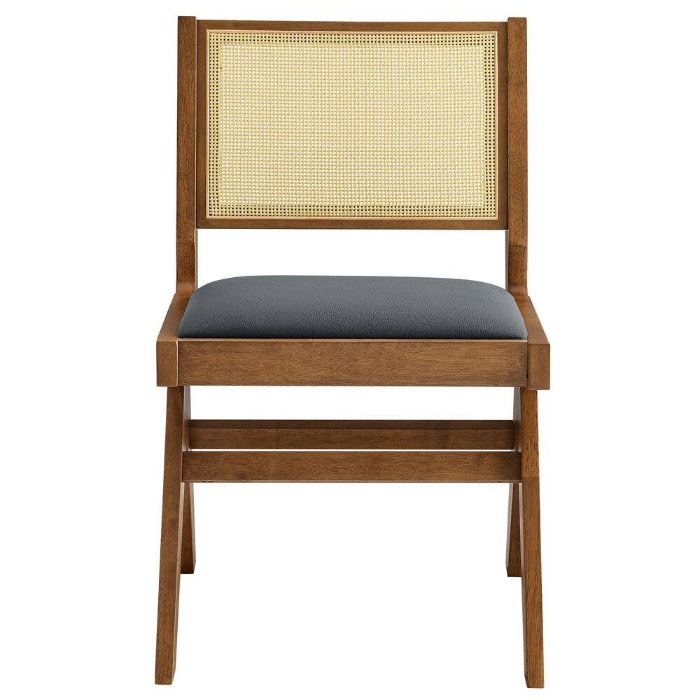 Walnut Black Low Rattan Cane Side Chair with Faux Leather Seat