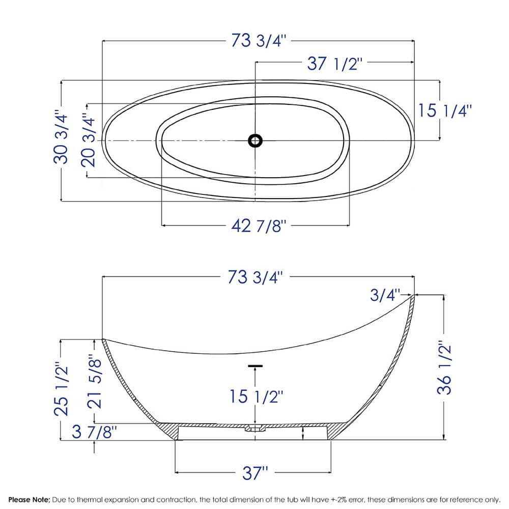 73.75'' White Matte Solid Surface Freestanding Soaking Bathtub