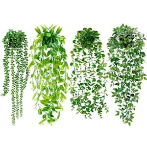 4-Pack Artificial Potted Greenery Hanging Plants with Eucalyptus Vine, Mandala Vine, Pearls and Pea Pod Leaves