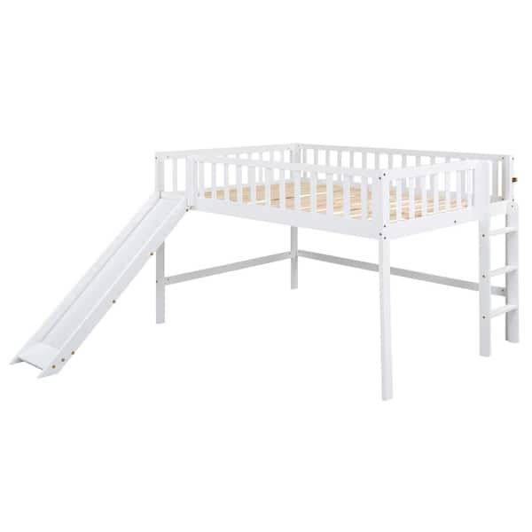 Full Size Low Loft Bed with Ladder and Slide, White