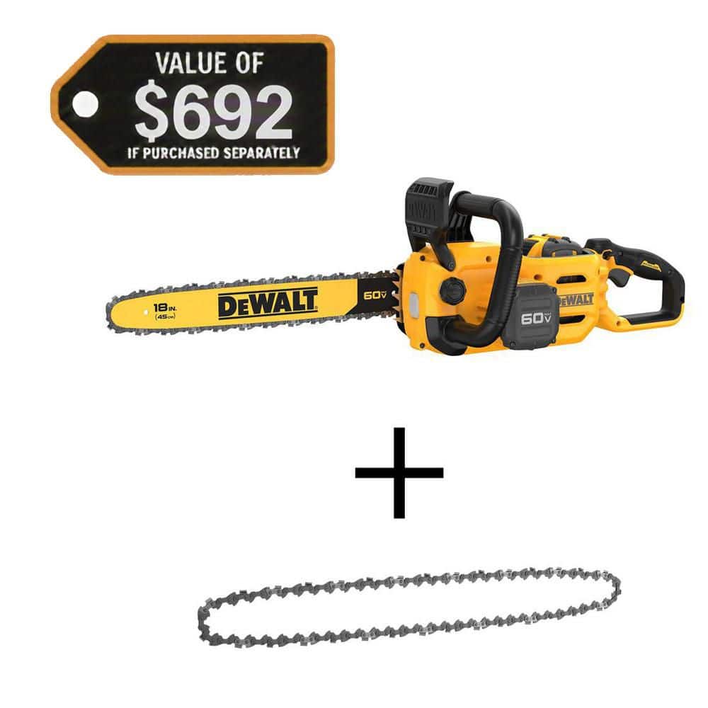 DEWALT FLEXVOLT 60V MAX 18 in. Brushless Cordless Chainsaw Kit with (1) 3.0 Ah Battery and Charger w/Extra 18 in. Chain (DCCS672X1WDT618)