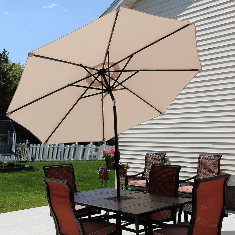 Beige 9-Foot Aluminum Patio Umbrella with Solar LED Lights