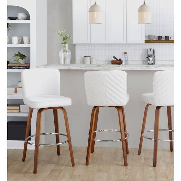 Henry 43.25 in. Walnut Wood and White Fabric Fixed-Height XL Barstool with Round Footrest (Set of 2)