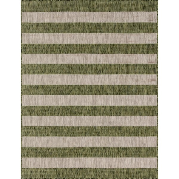 Outdoor Distressed Stripe Green 9 ft. x 12 ft. Area Rug