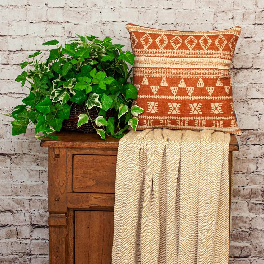Transitional Tribal Orange and Beige Cotton Throw Pillow