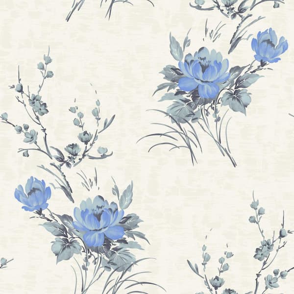 Dundee Deco Falkirk Ophia Flowers Cerulean Blue, Beige Vinyl Peelable Roll (Covers 57 sq. ft.)