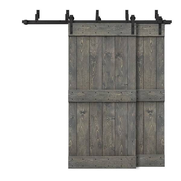 CALHOME 72 in. x 84 in. Mid-Bar Bypass Weather Gray Stained Solid Pine Wood Interior Double Sliding Barn Door with Hardware Kit