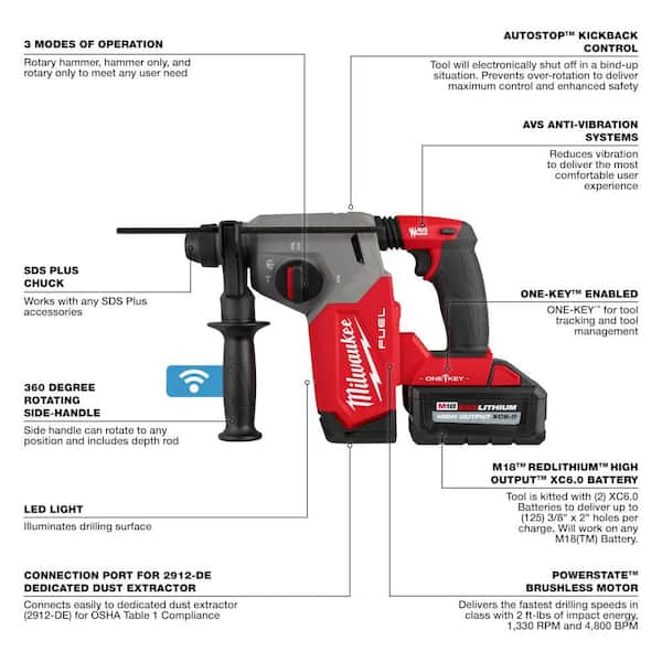 M18 FUEL ONE-KEY 18V Lithium-Ion Brushless Cordless 1 in. SDS-Plus Rotary Hammer W/Dust Ext Kit + 1/2 in. Impact Wrench