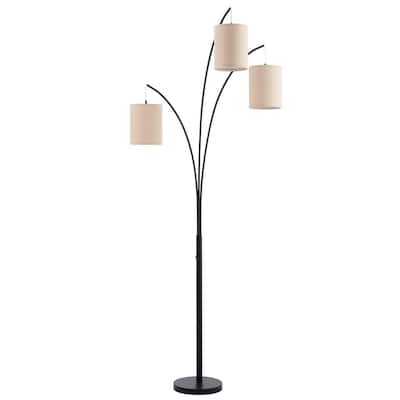 84 in. Black Modern Arc Tree Floor Lamp with 3 Hanging Beige Fabric Drum Shades