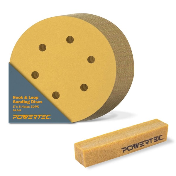 ‎POWERTEC 5 in. 8-Hole 60-Grit Hook and Loop Sanding Discs (50PK) with Abrasive Cleaning Stick