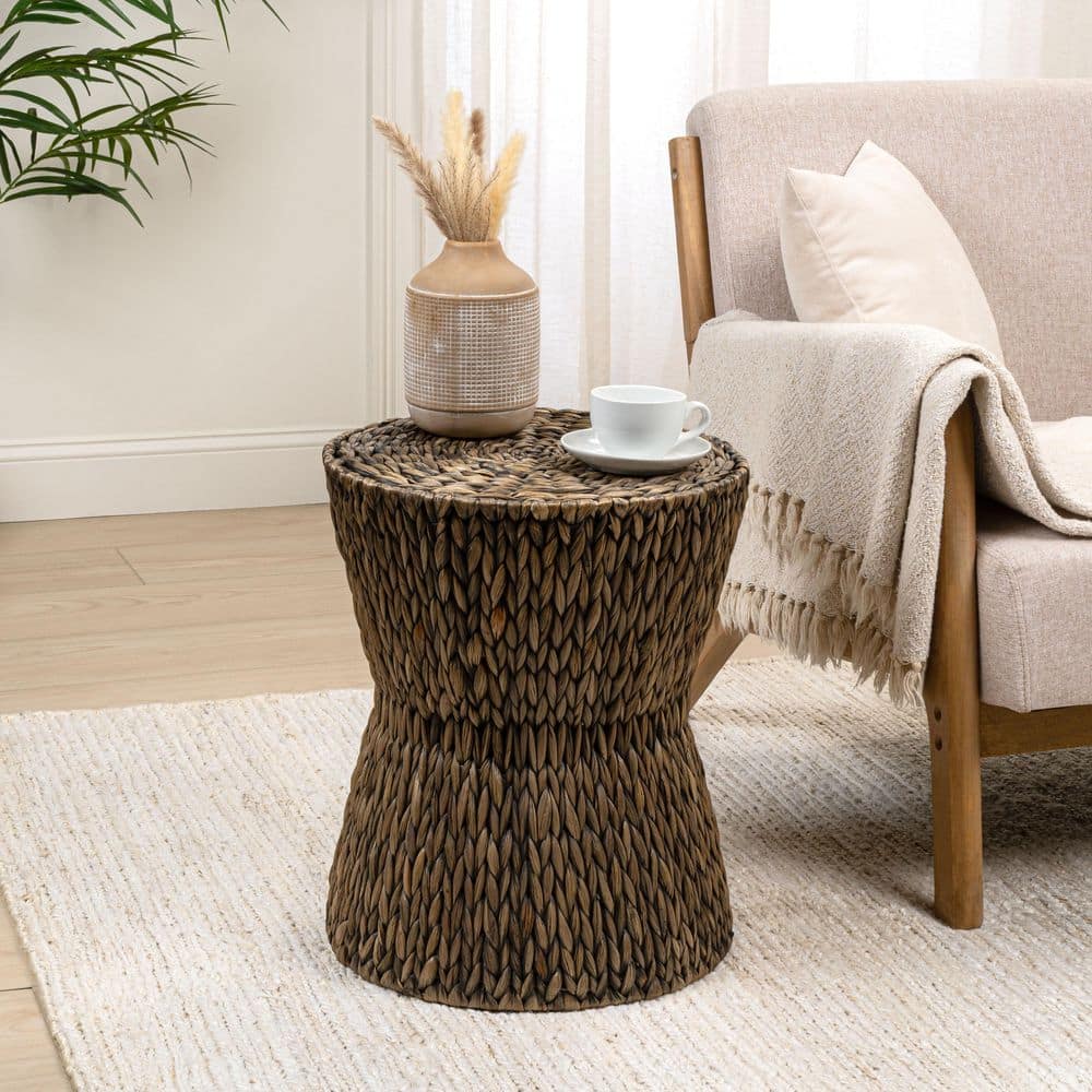 Natura 15.75 in. Coastal Bohemian Handwoven Water Hyacinth Wicker Round Hourglass End Table, Brown