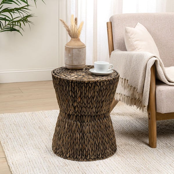 Natura 15.75 in. Coastal Bohemian Handwoven Water Hyacinth Wicker Round Hourglass End Table, Brown
