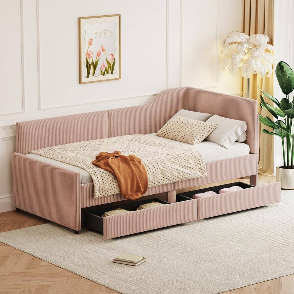 Pink Twin Size Corduroy Upholstered Daybed with 2-Drawers and L-Shaped Backrest -  Harper & Bright Designs, LHC132AAH