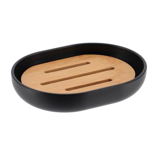 Padang Freestanding Soap Dish with Bamboo Tray Black