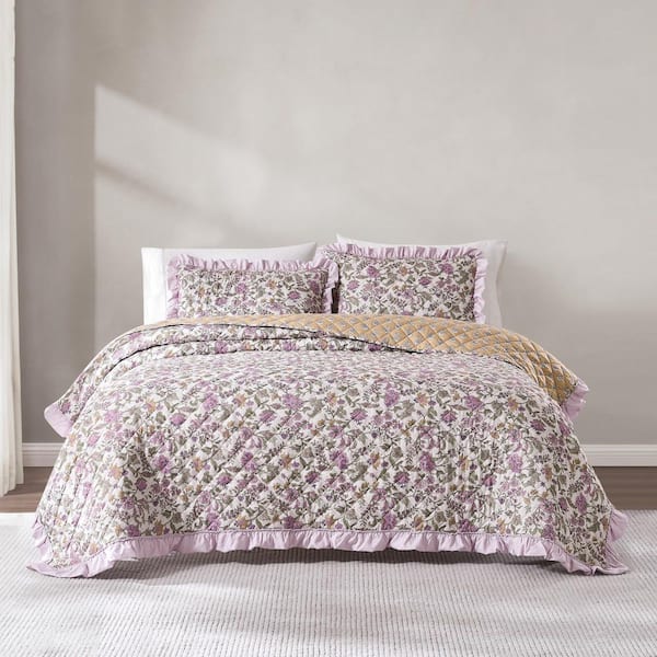 Lola Block Print Ruffle Reversible Floral 3-Piece Purple/Yellow Microfiber Full/Queen Quilt Set
