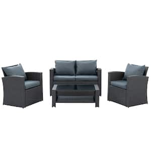 4-Piece Wicker Patio Conversation Set with Dark Gray Cushions and Tempered Glass Table