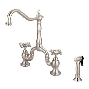 Carlton Two Handle Bridge Kitchen Faucet with Button Cross Handles in Brushed Nickel
