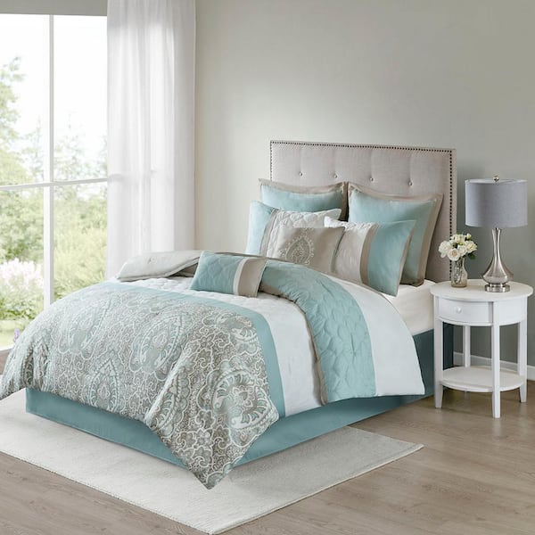 Green 8-Piece Queen Polyester Luxe Quilted Comforter Set Modern Warm Bedding with Shams, Bedskirt, Decorative Pillow