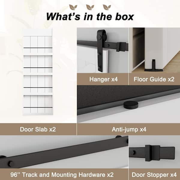 96 in. x 84 in. White Primed Composite MDF Shelves Sliding Barn Door with Hardware Kit and Soft Close