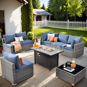 Helene Gray 8-Piece Wicker Outdoor Patio Conversation Sectional Sofa Set with a Metal Fire Pit and Denim Blue Cushions