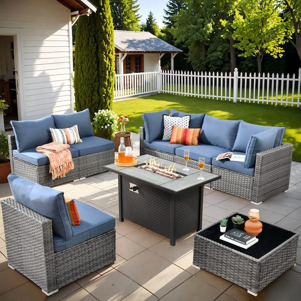 Helene Gray 8-Piece Wicker Outdoor Patio Conversation Sectional Sofa Set with a Metal Fire Pit and Denim Blue Cushions