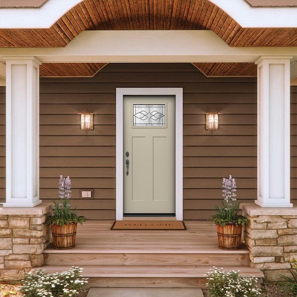 36 in. x 80 in. Right-Hand 1/4 Lite Craftsman Carillon Decorative Glass Desert Sand Fiberglass Prehung Front Door