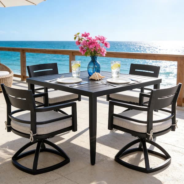 Black 5-Piece Aluminum Outdoor Dining Set with White Cushion