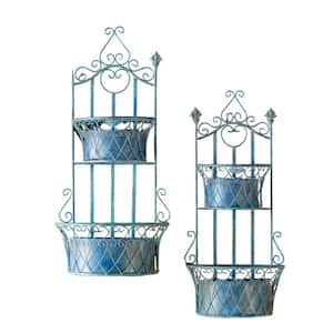 London 1820 Large Antique Blue Metal Wall Mounted Plant Stand (Set of 2)