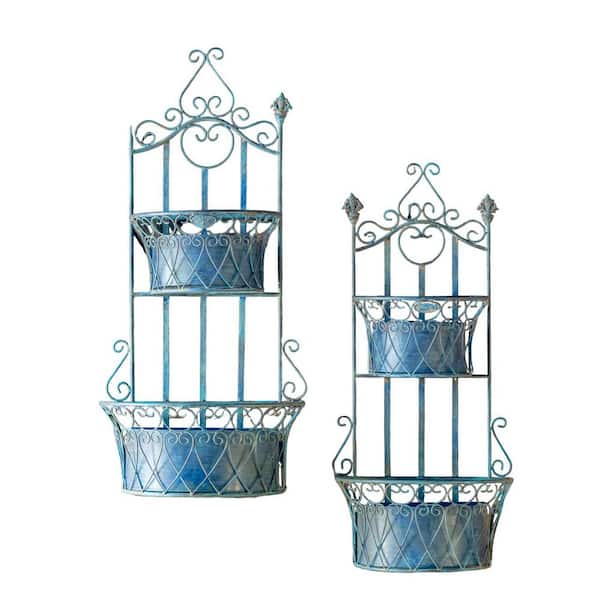 London 1820 Large Antique Blue Metal Wall Mounted Plant Stand (Set of 2)