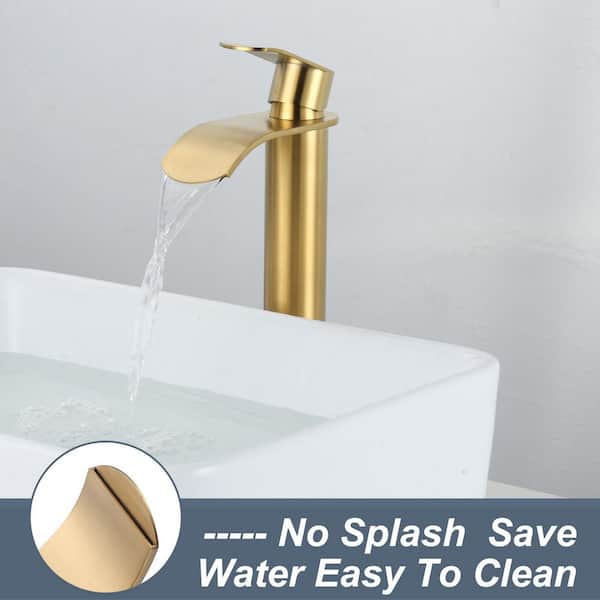 Single Handle Single Hole Stainless Steel Waterfall Bathroom Faucet with Pop Up Drain and Supply Lines Brushed Gold