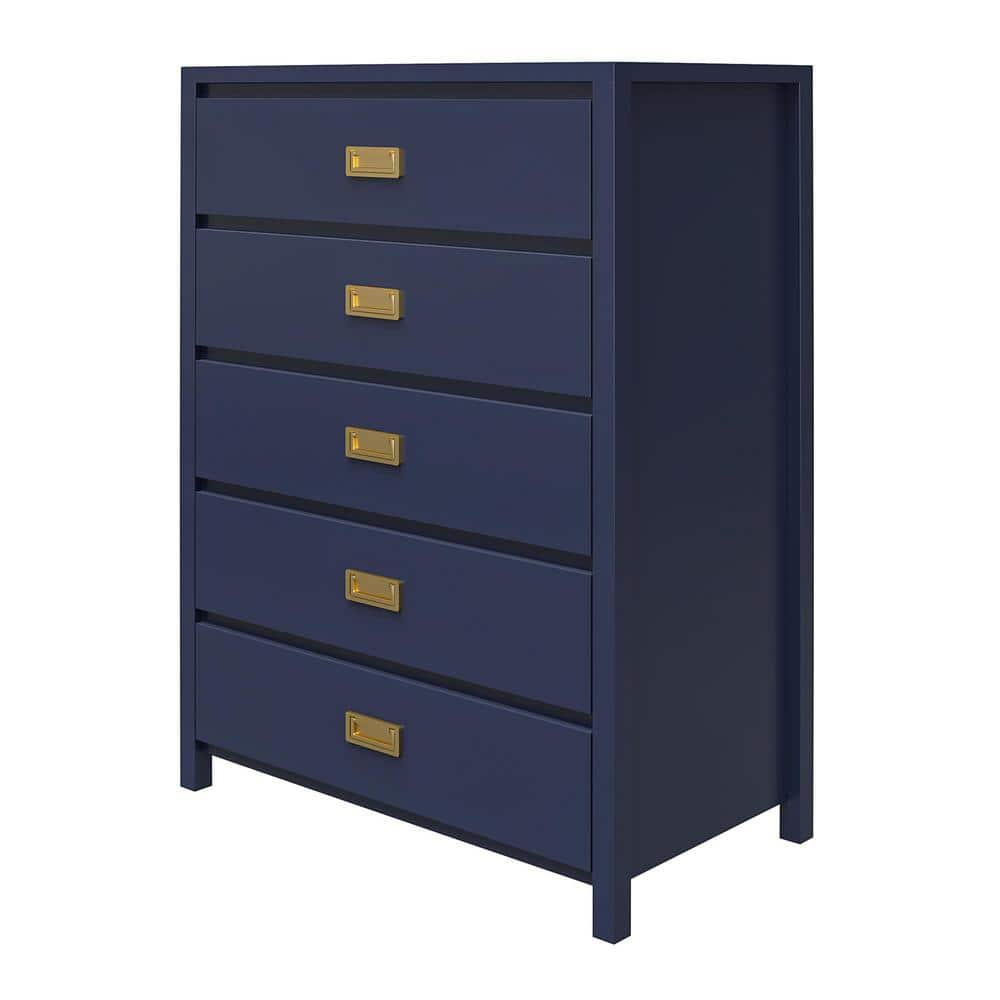 Navy and Gold 5-Drawer Campaign Style Dresser