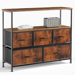 39 in. W x 12 in. D x 31 in. H Brown Wood Freestanding Linen Cabinet 5-Drawer Dresser with Open Shelf and Adjust Feet