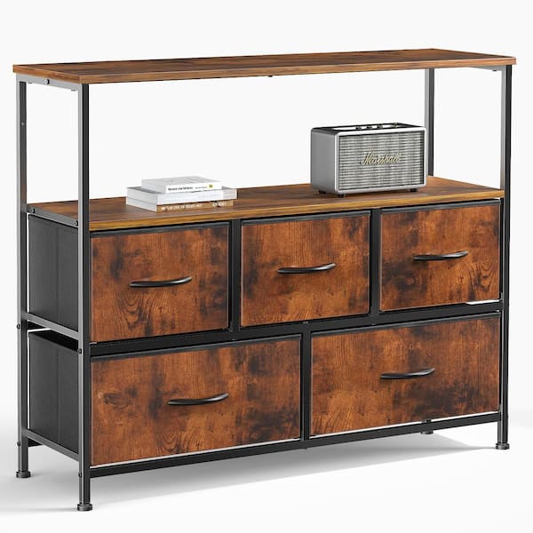 Tileon 39 in. W x 12 in. D x 31 in. H Brown Wood Freestanding Linen Cabinet 5-Drawer Dresser with Open Shelf and Adjust Feet
