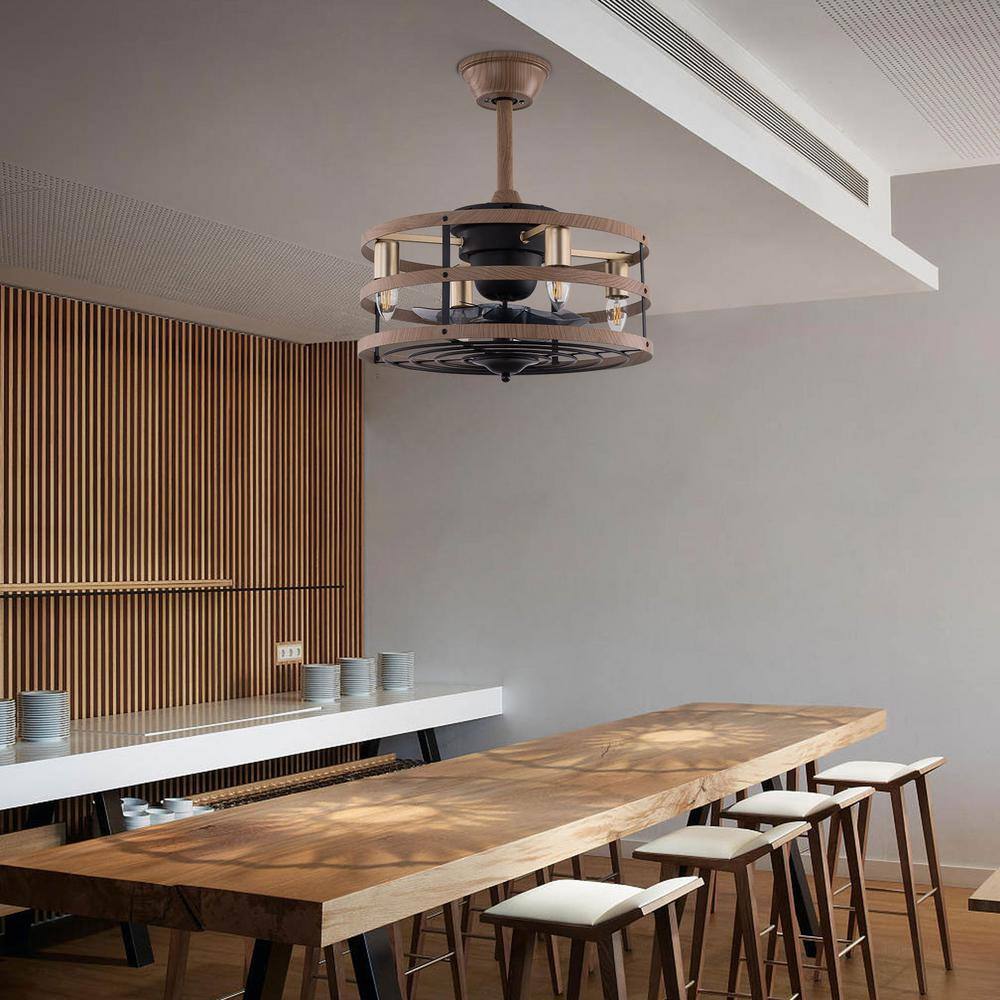 18-Inch Light Brown Caged Ceiling Fan with Remote and Lighting