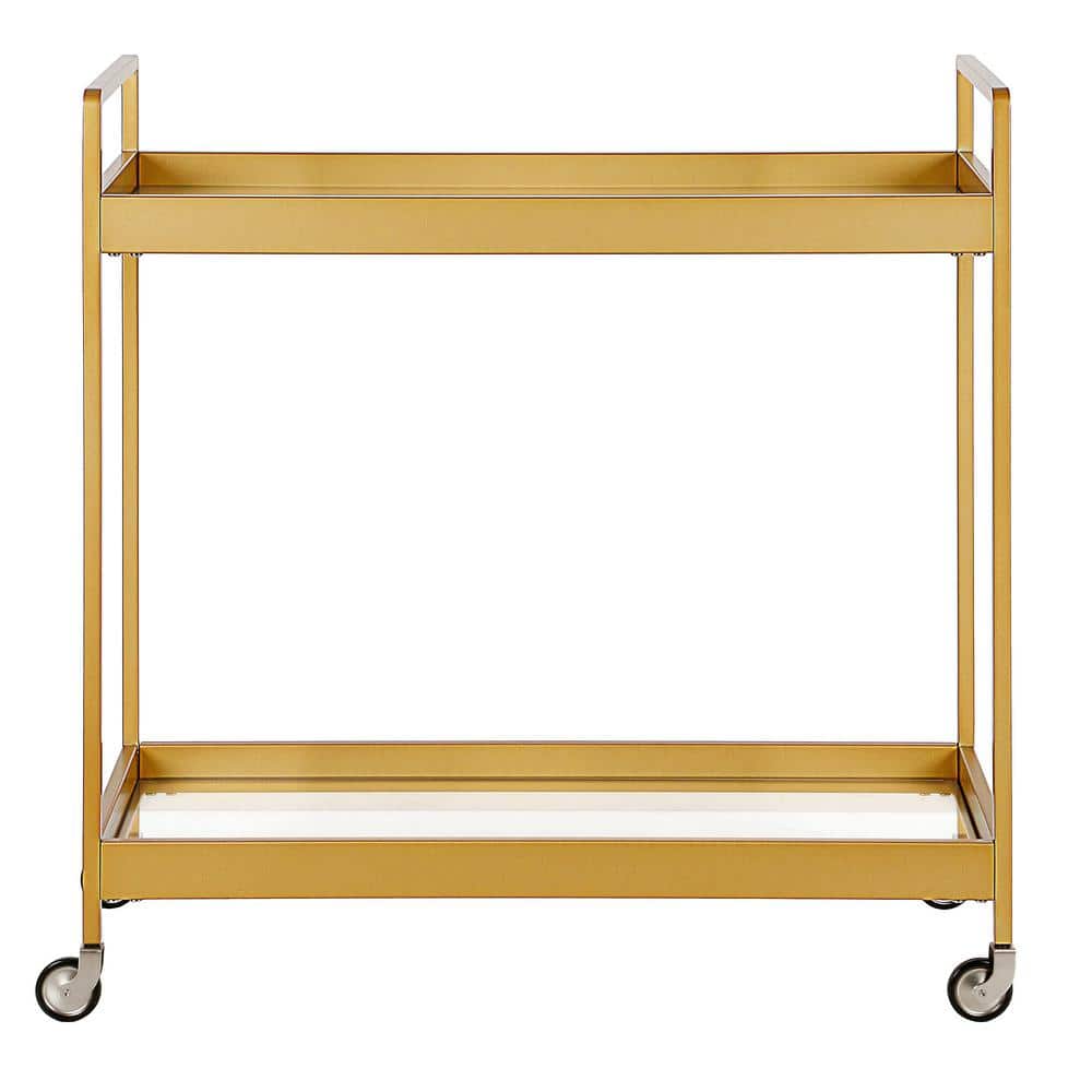 Glamourous Brass Finish Rectangular Bar Cart with Glass Shelves