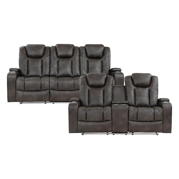 Hazen 83 in. W Straight Arm Faux Leather Rectangle 2-Piece Power Reclining Sofa Set in. Brownish Gray