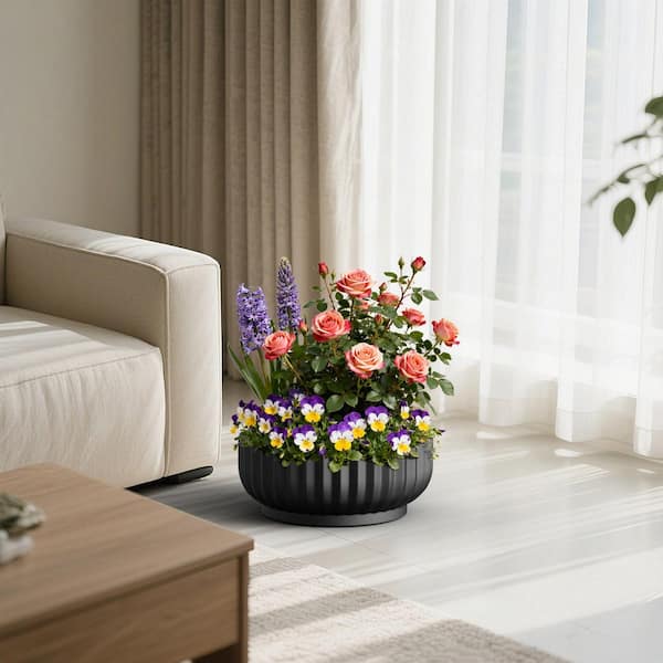 21 in. Large Matte Black(Upgraded Interior) Concrete Round Planter / Pot Ribbed Design Planter Bowl with Drainage Hole