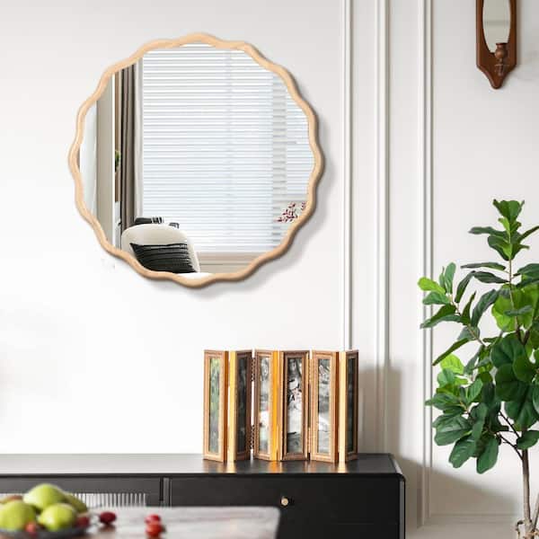 31 in. W x 31 in. H Modern Solid Wood Wavy Wall Vanity Mirror Wall Decor for Living Room Cloakroom, Entryway, Wood Frame