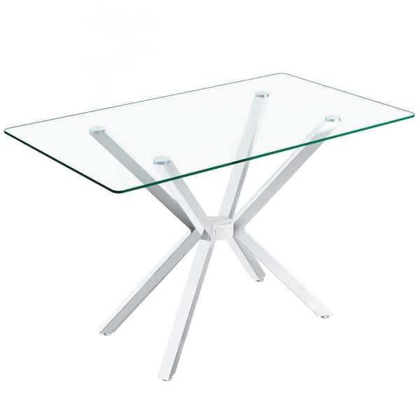 Modern Series White/Clear Tempered Glass 47.24 in. W Adjustable Metal Cross Legs Dining Table Seating Capacity 4-6Person
