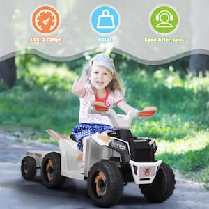 6-Volt Kids Ride On ATV Battery Powered 4-Wheeler Quad Toy Car with Trailer in White