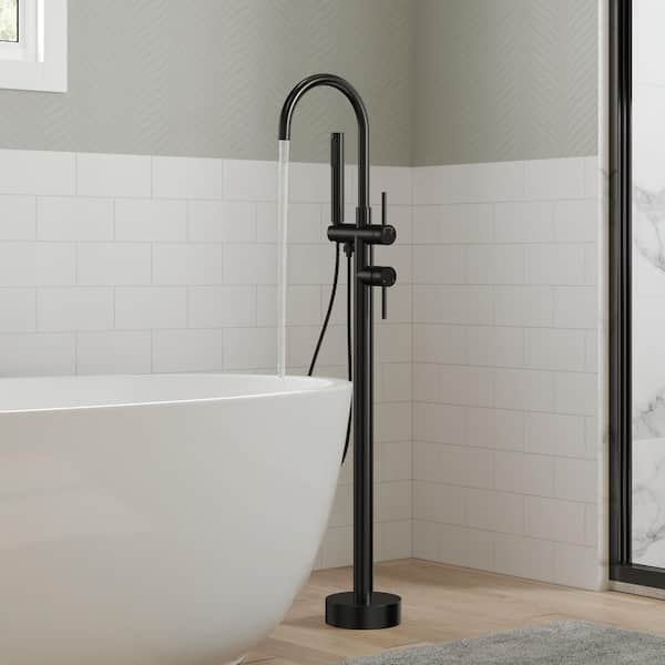 2-Handle Floor Mount Freestanding Tub Faucet with Hand Shower in Matte Black
