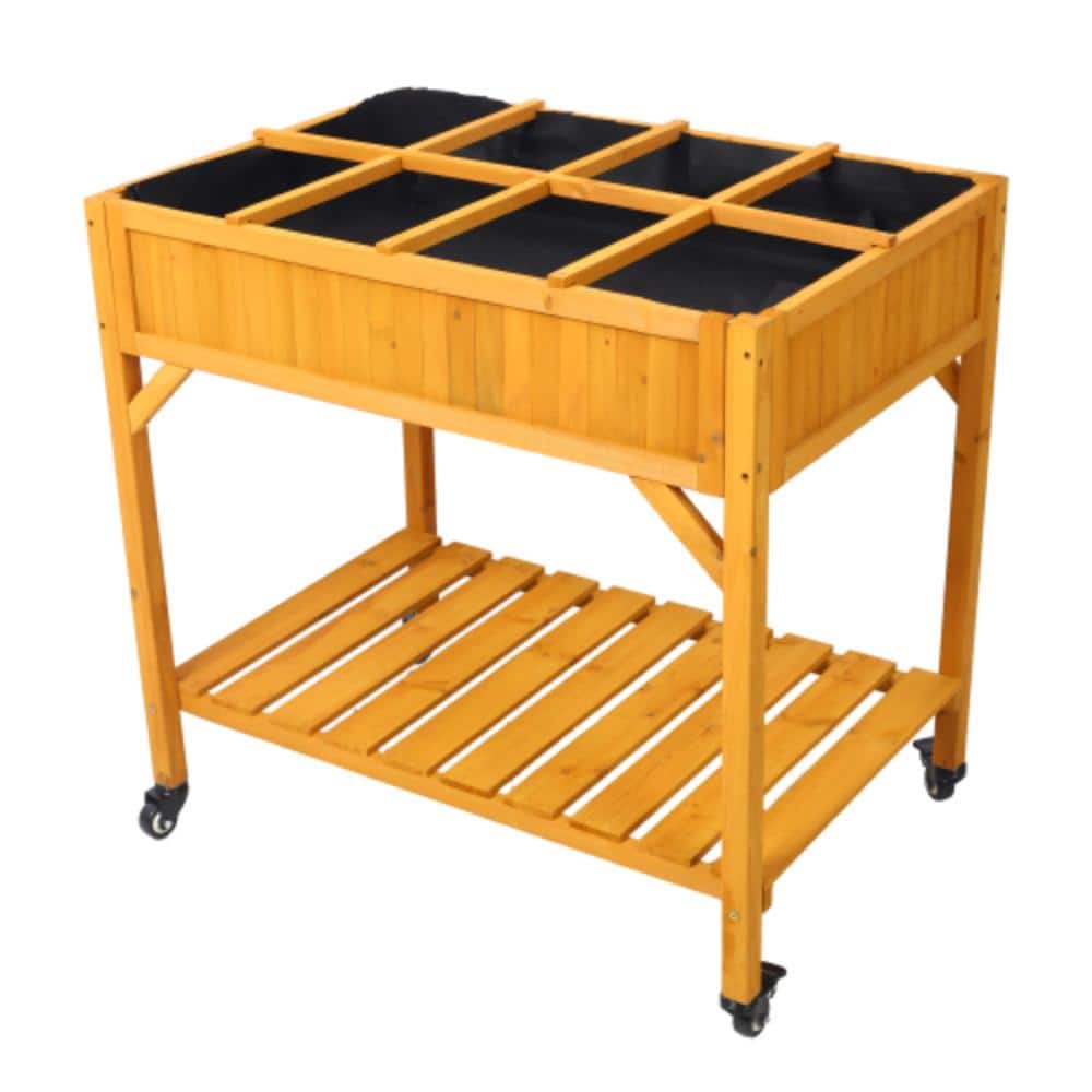 Elevated 8 Pocket Herb Garden Mobile Wood Planter with Wheels Storage Shelf Drainage Holes for Herbs Vegetables Flowers price history on PriceWatchPro